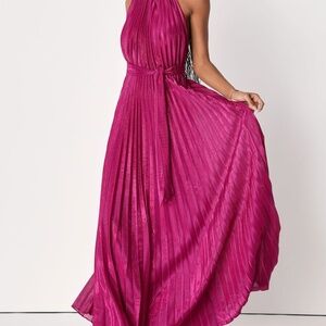 Lulu's Everlasting Glow Shiny Magenta Pleated Halter Maxi Dress (S)